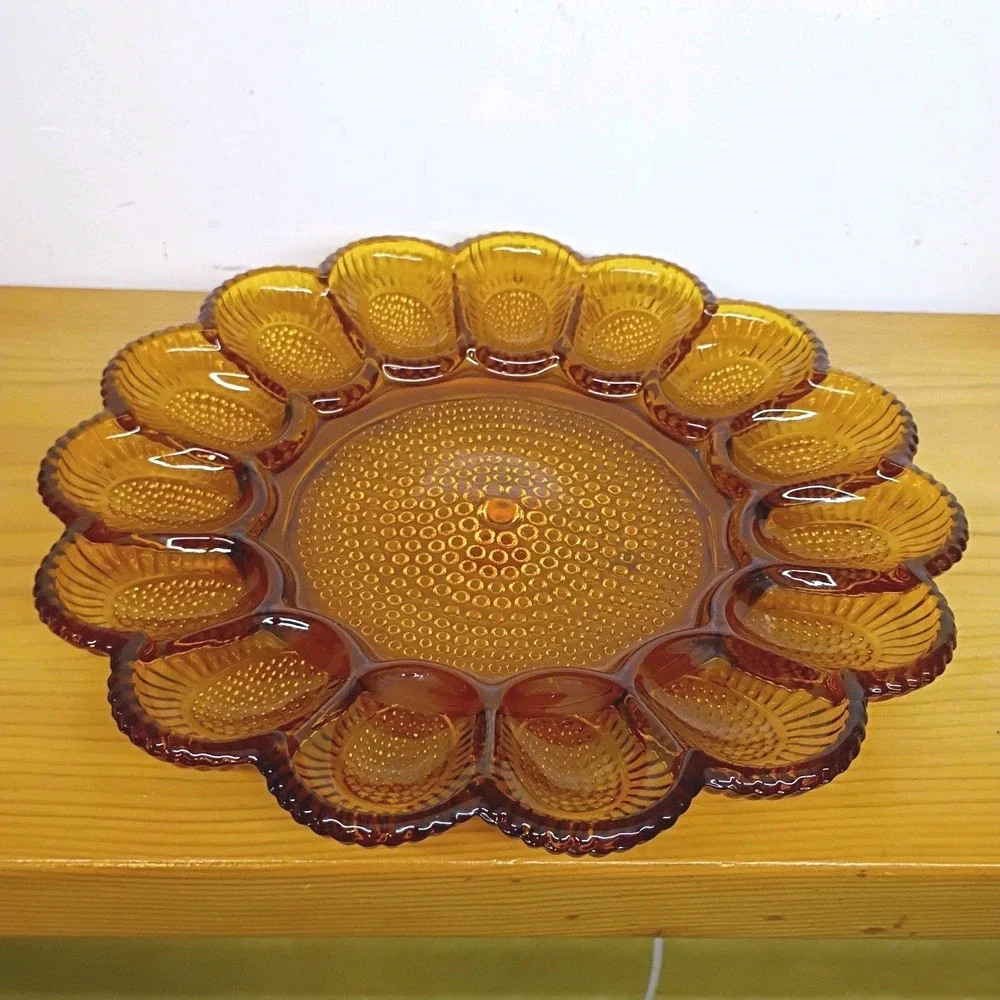 Indiana Glass Deviled Egg Plate Vintage Amber Hobnail 11